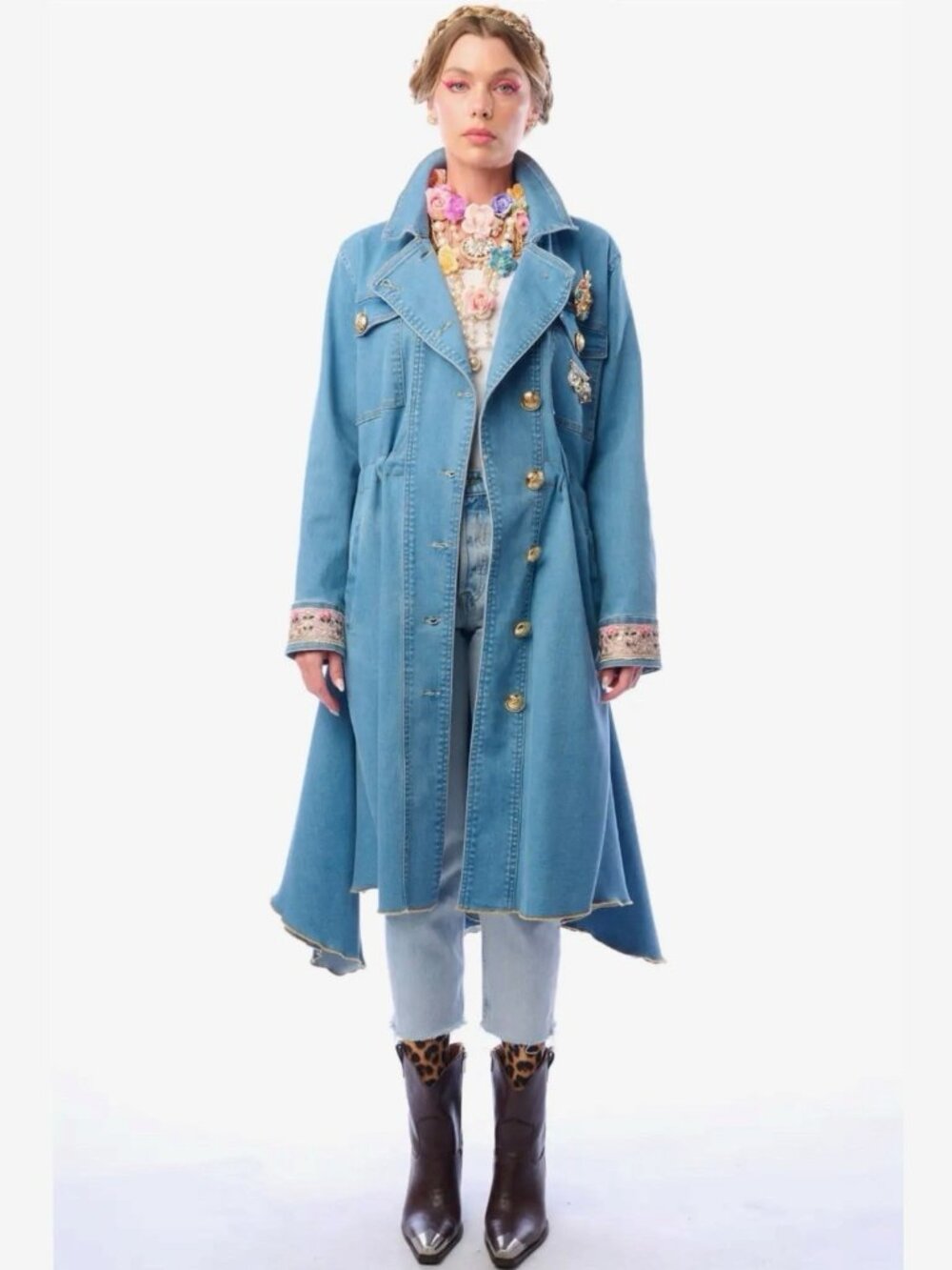 Aratta Monte Carlo Denim Hi-Low Long Coat Blue Decorative Brooch Size S M L - Picture 11 of 15